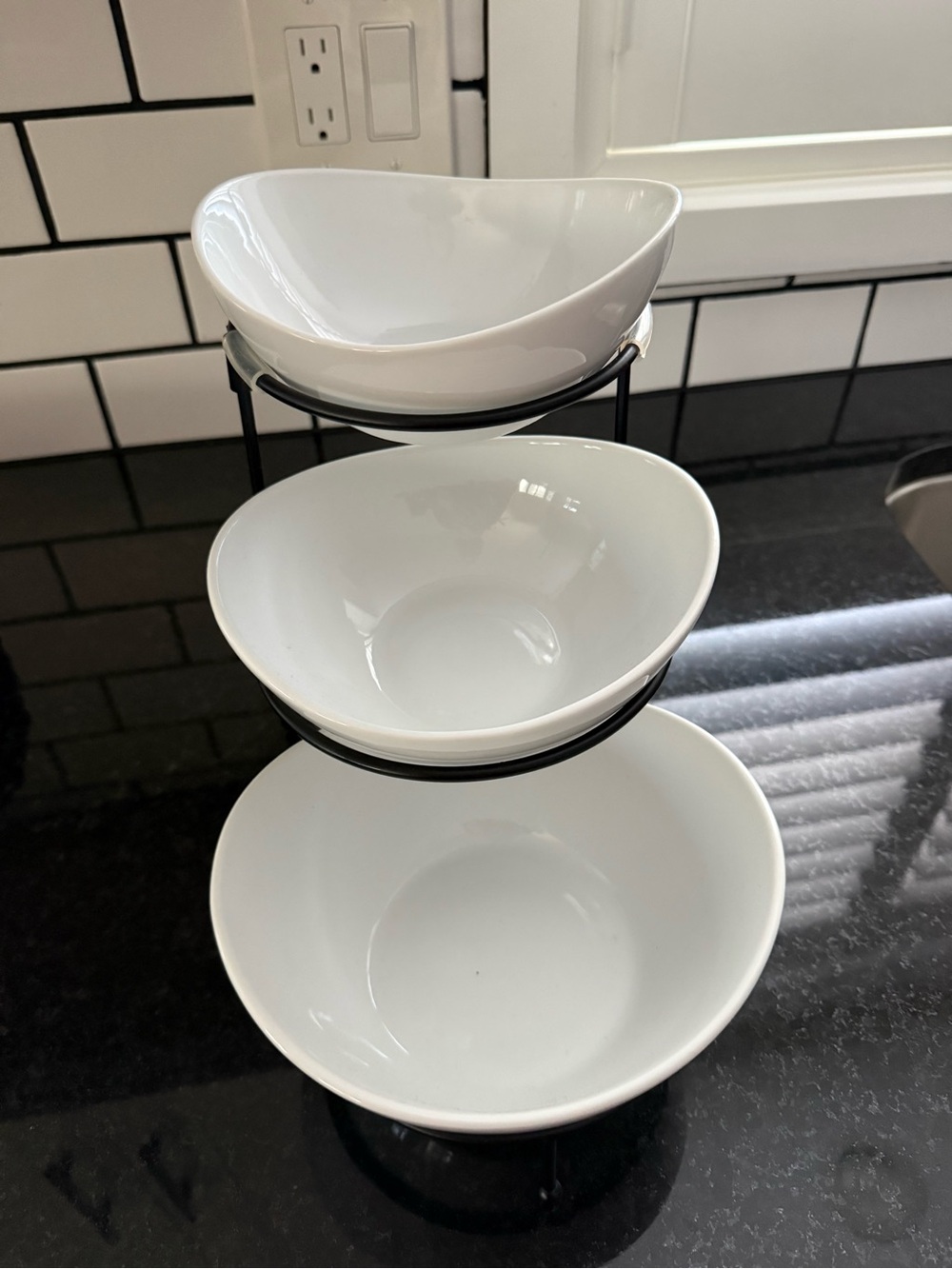 3-Tier White Ceramic Serving Bowls with Black Metal Stand - Home Dining